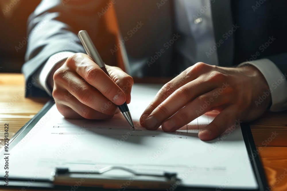 Businessman signing a contract at an office desk, close-up of hands in a suit with financial graphs and documents, illustrating business balance and financial planning concepts. Businessman signing a contract at an office desk, close-up of hands in a suit with financial graphs and documents, illustrating business balance and financial planning concepts.