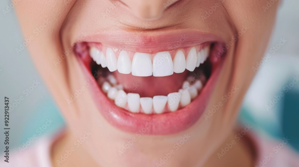 Close up of a cheerful smile with perfectly white teeth showcasing the results of a thorough dental cleaning and examination procedure at a professional dental clinic Close up of a cheerful smile with perfectly white teeth showcasing the results of a thorough dental cleaning and examination procedure at a professional dental clinic