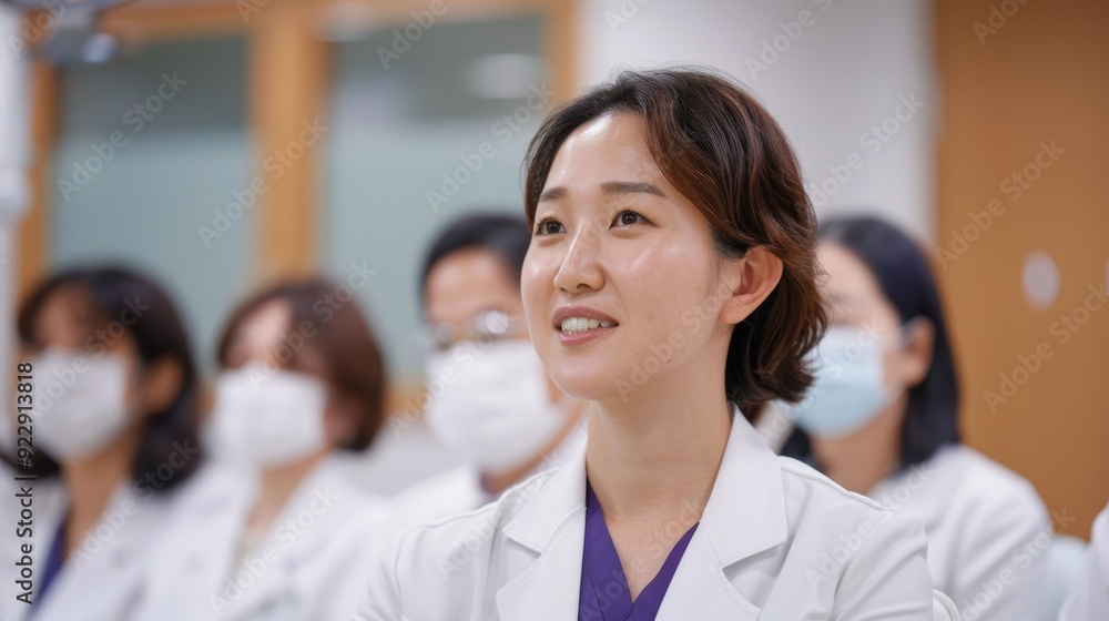 Korean Dental Association Event Featuring a Group of Professional Medical Staff Doctors and Nurses Gathered for a Conference or Meeting in an Indoor Office Setting Korean Dental Association Event Featuring a Group of Professional Medical Staff Doctors and Nurses Gathered for a Conference or Meeting in an Indoor Office Setting