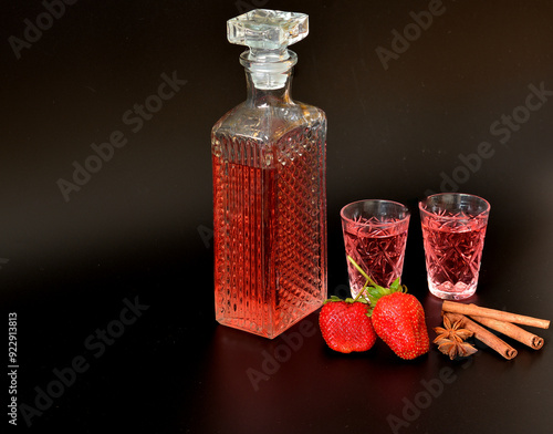 Photos Strawberry liqueur with spices on a black background, homemade alcohol, cinnamon, anise and ripe berries