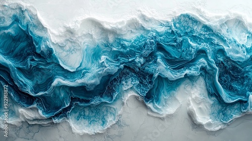 Visualize a unique painting of wavy resin sheets in turquoise and white, marbleized and zoomed in. The large-scale canvas illustrates an abstract ocean shoreline, detailed on a white flat background. photo