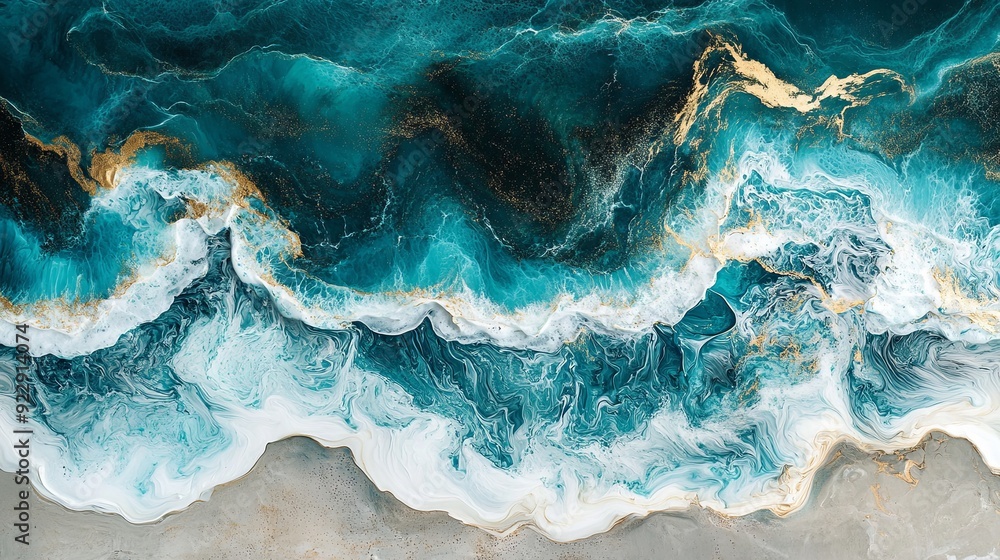 Imagine a visionary painting showcasing wavy resin sheets in turquoise and white, marbleized with macro zoom. The large-scale canvas portrays an abstract ocean shoreline, with meticulous details on a Imagine a visionary painting showcasing wavy resin sheets in turquoise and white, marbleized with macro zoom. The large-scale canvas portrays an abstract ocean shoreline, with meticulous details on a