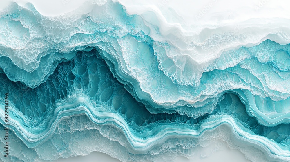 Obraz premium Create an awe-inspiring painting of wavy resin sheets in turquoise and white, with a marbleized design in macro zoom. The large-scale canvas resembles an abstract ocean shoreline, focusing on