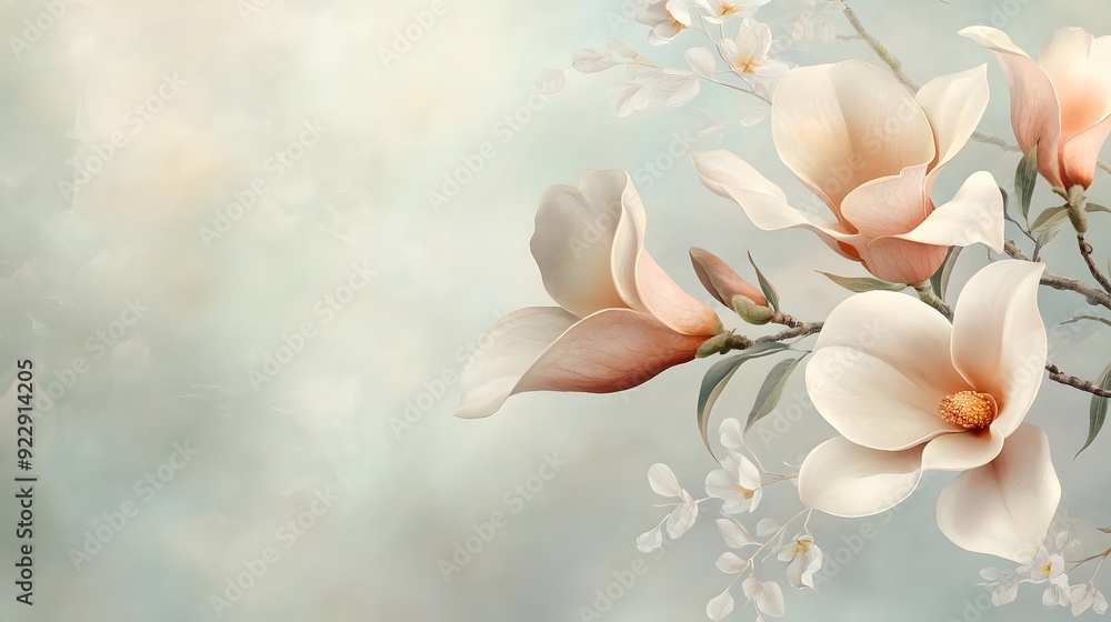 Delicate white and peach magnolia blossoms with a soft green background. Template for quotes, and greetings cards. Delicate white and peach magnolia blossoms with a soft green background. Template for quotes, and greetings cards.
