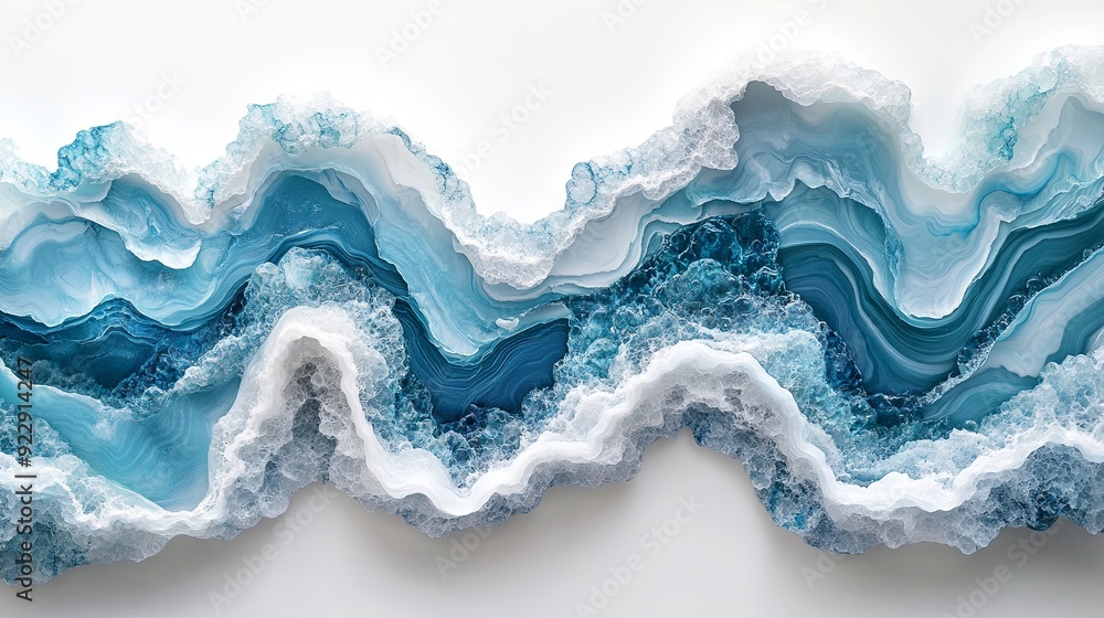Envision a remarkable artwork of wavy resin sheets in turquoise and white, with a marbleized texture and macro zoom. The large-scale canvas symbolizes an abstract ocean shoreline, with intricate Envision a remarkable artwork of wavy resin sheets in turquoise and white, with a marbleized texture and macro zoom. The large-scale canvas symbolizes an abstract ocean shoreline, with intricate