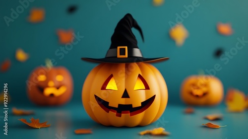 A pumpkin with a black hat on top of it is surrounded by other pumpkins