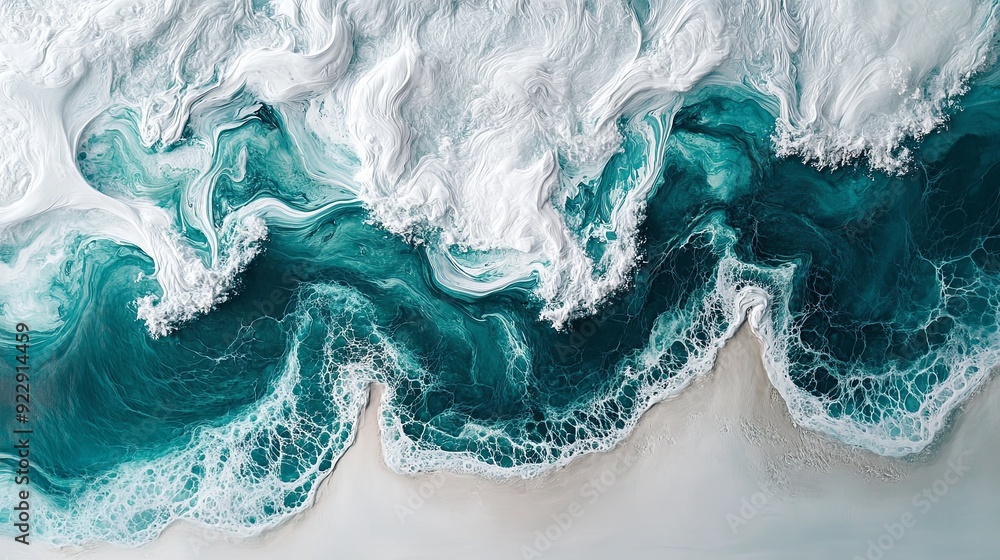 Naklejka premium Imagine an innovative painting showcasing wavy resin sheets in turquoise and white, marbleized with macro zoom. The large-scale canvas portrays an abstract ocean shoreline, meticulously detailed on a