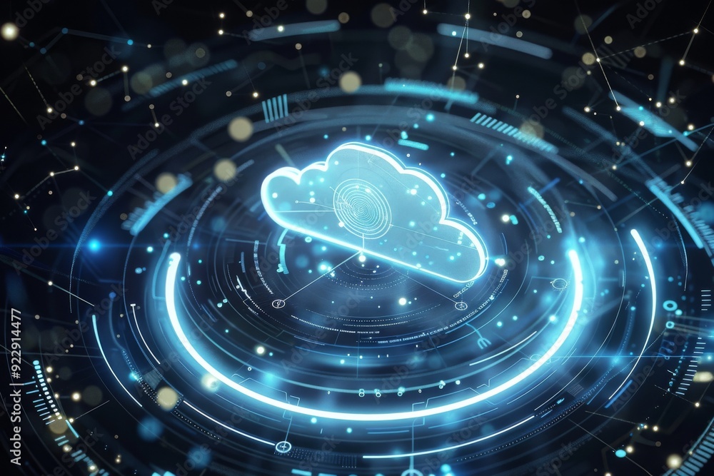 Futuristic cloud icon with glowing blue lights on a dark digital background, representing cloud computing, big data, and AI in 3D rendering. Futuristic cloud icon with glowing blue lights on a dark digital background, representing cloud computing, big data, and AI in 3D rendering.
