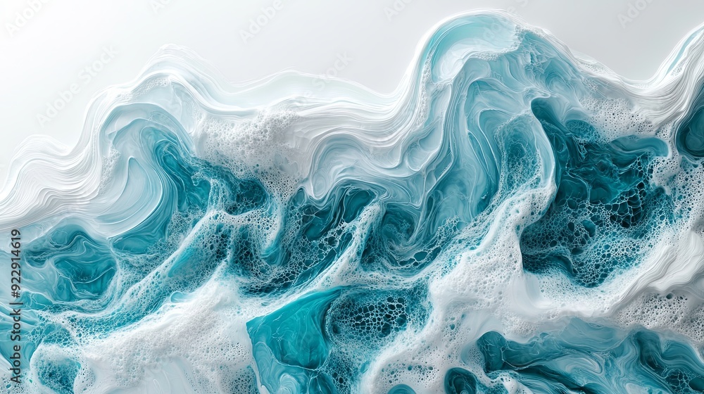 Conceptualize a dramatic masterpiece of wavy resin sheets in turquoise and white, with a marbleized look in macro zoom. This large-scale canvas captures the spirit of an abstract ocean shoreline, Conceptualize a dramatic masterpiece of wavy resin sheets in turquoise and white, with a marbleized look in macro zoom. This large-scale canvas captures the spirit of an abstract ocean shoreline,