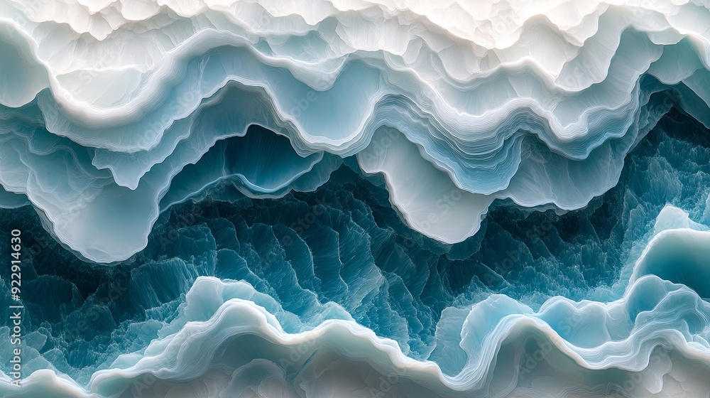 Craft a beautiful artwork featuring wavy resin sheets in turquoise and white, with a marbleized appearance in macro zoom. The large-scale canvas reflects an abstract ocean shoreline, with attention Craft a beautiful artwork featuring wavy resin sheets in turquoise and white, with a marbleized appearance in macro zoom. The large-scale canvas reflects an abstract ocean shoreline, with attention