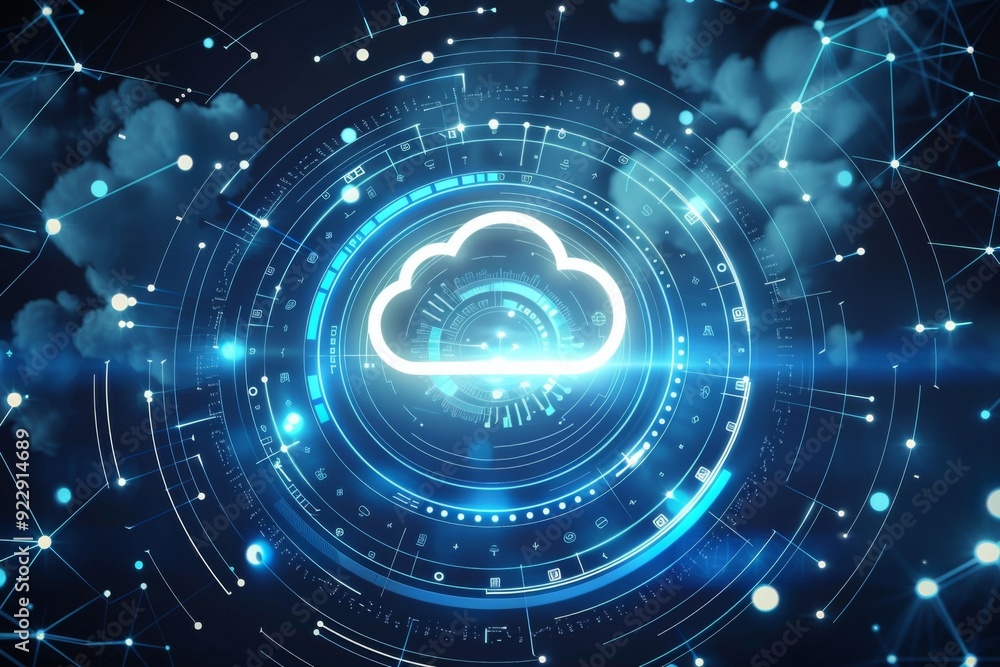 Futuristic cloud icon with glowing blue lights on a dark digital background, representing cloud computing, big data, and AI in 3D rendering. Futuristic cloud icon with glowing blue lights on a dark digital background, representing cloud computing, big data, and AI in 3D rendering.