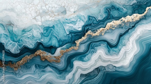 Design an exquisite painting of wavy resin sheets in turquoise and white, marbleized and captured in macro zoom. The large-scale canvas represents an abstract ocean shoreline, focusing on details and photo