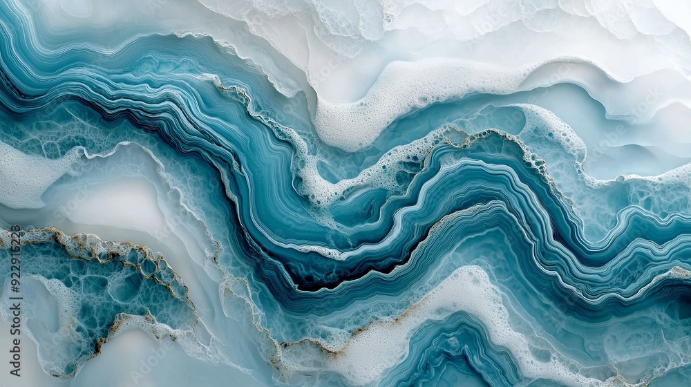 Craft a mesmerizing artwork featuring wavy resin sheets in turquoise and white, with a marbleized appearance in macro zoom. The large-scale canvas reflects an abstract ocean shoreline, intricately Craft a mesmerizing artwork featuring wavy resin sheets in turquoise and white, with a marbleized appearance in macro zoom. The large-scale canvas reflects an abstract ocean shoreline, intricately