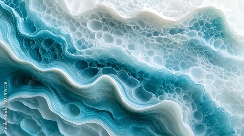 Craft an artistic artwork featuring wavy resin sheets in turquoise and white, with a marbleized appearance in macro zoom. The large-scale canvas reflects an abstract ocean shoreline, intricately photo