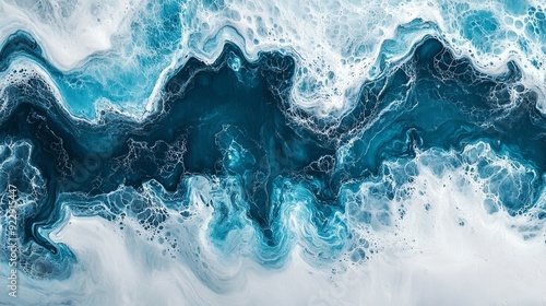 Visualize an artistic painting of wavy resin sheets in turquoise and white, marbleized and zoomed in. The large-scale canvas illustrates an abstract ocean shoreline, detailed on a white flat photo