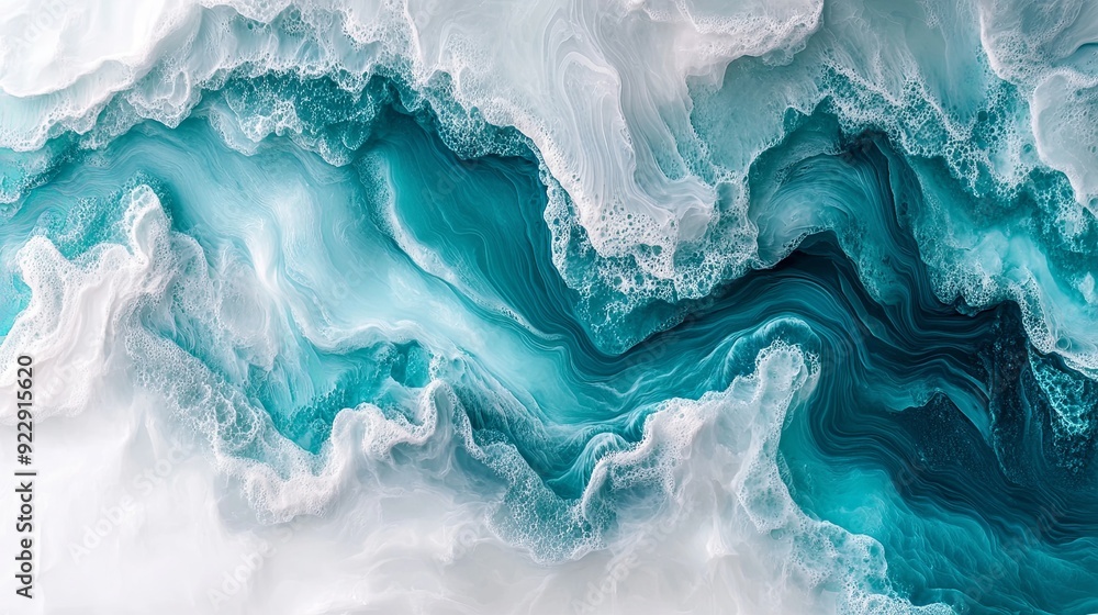 Envision a splendid artwork of wavy resin sheets in turquoise and white, with a marbleized texture and macro zoom. The large-scale canvas symbolizes an abstract ocean shoreline, with intricate Envision a splendid artwork of wavy resin sheets in turquoise and white, with a marbleized texture and macro zoom. The large-scale canvas symbolizes an abstract ocean shoreline, with intricate