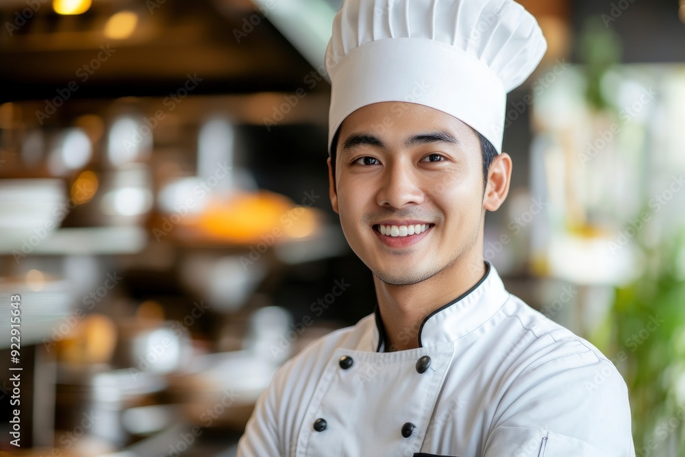 Photo of young Asian male chef on background with generative ai Photo of young Asian male chef on background with generative ai