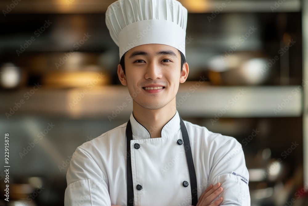 Photo of young Asian male chef on background with generative ai Photo of young Asian male chef on background with generative ai