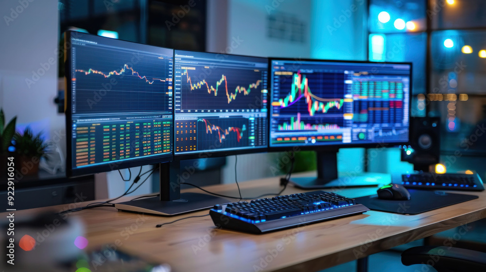 Dynamic Trading Desk with Multiple Monitors Displaying Real-Time Stock Market Trends Dynamic Trading Desk with Multiple Monitors Displaying Real-Time Stock Market Trends