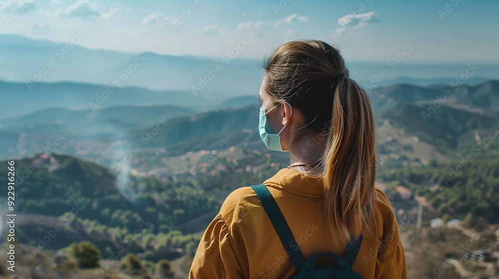 Happy woman holds face mask at mountains after ending coronavirus and flu outbreak. Back view Happy woman holds face mask at mountains after ending coronavirus and flu outbreak. Back view