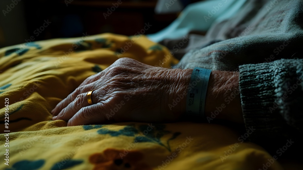 Close up Shot of Patient s Wrist Wearing Hospital Bracelet on Bedding Close up Shot of Patient s Wrist Wearing Hospital Bracelet on Bedding