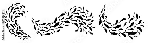 Diverse fish school formations create mesmerizing patterns in the water. These marine creature wave shapes, seen underwater, swirl elegantly. Ideal for border ornament graphic or logo design.