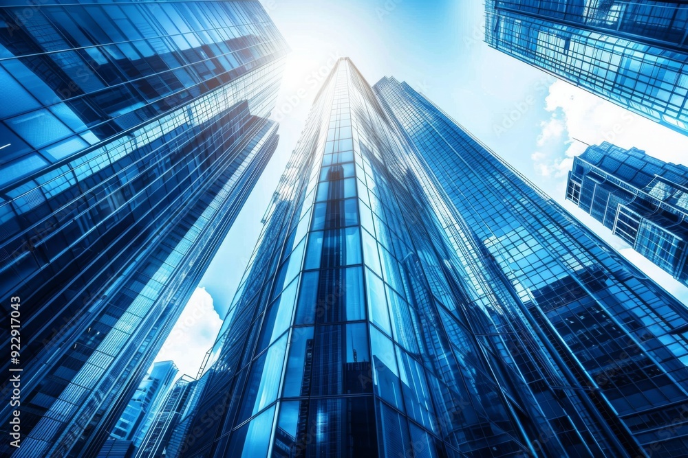 Modern skyscraper with glass facade under a blue sky, featuring corporate architecture and steel structure in a vibrant cityscape with sunlight effects. Modern skyscraper with glass facade under a blue sky, featuring corporate architecture and steel structure in a vibrant cityscape with sunlight effects.