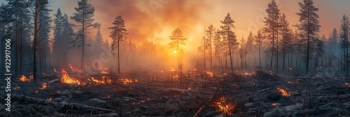 A burned-out woodland scene following a wildfire. Generative Ai