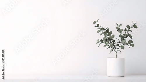 Wallpaper Mural Serene Simplicity: A single eucalyptus plant in a minimalist white pot graces a clean white background Torontodigital.ca