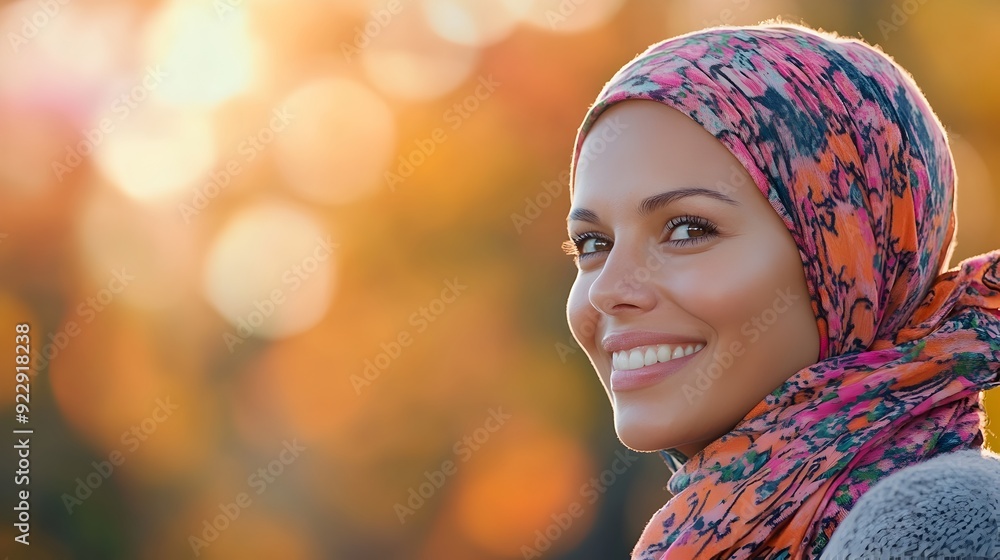 Confident and Resilient Cancer Survivor Radiates Positivity in Vibrant Headscarf Portrait Confident and Resilient Cancer Survivor Radiates Positivity in Vibrant Headscarf Portrait