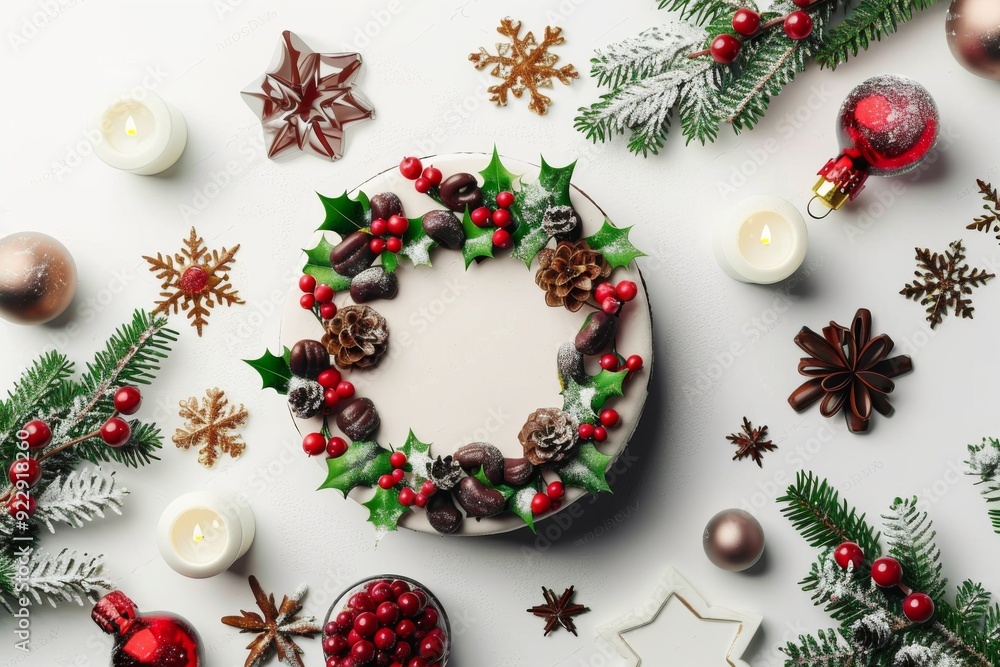 Christmas cake with holly and mistletoe wreath, flat lay on white background with festive decorations. Hyper-realistic, high-resolution, intricate details. Christmas cake with holly and mistletoe wreath, flat lay on white background with festive decorations. Hyper-realistic, high-resolution, intricate details.