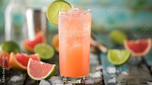 A fresh cocktail drink with lime and pink grapefruit juice