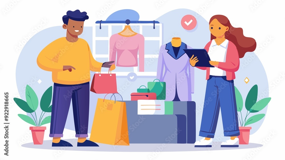 Obraz premium This image depicts a shopper assisting a client, simplifying the shopping experience by offering tailored recommendations based on the client's style and needs.