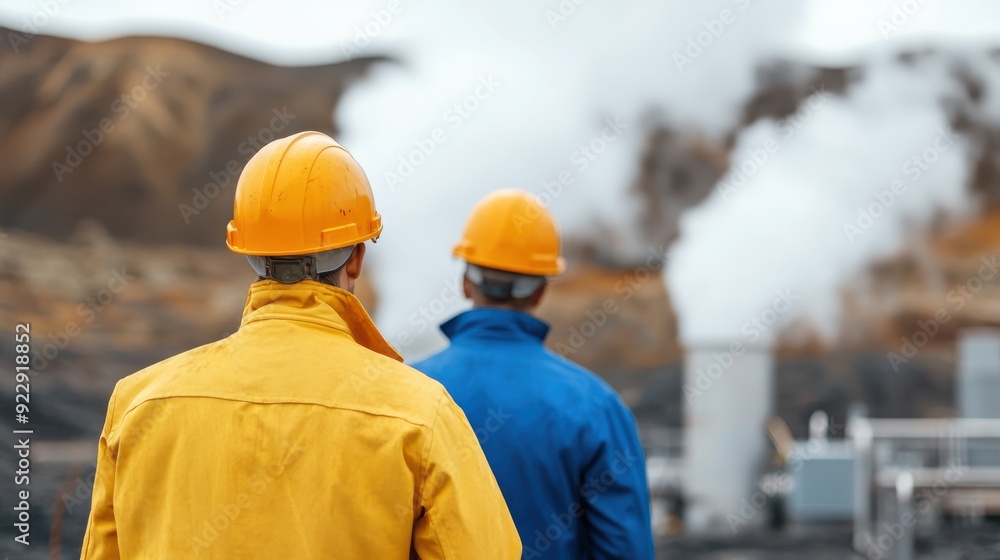Two Workers in Yellow Hard Hats Look at Steam Vent. Two Workers in Yellow Hard Hats Look at Steam Vent.