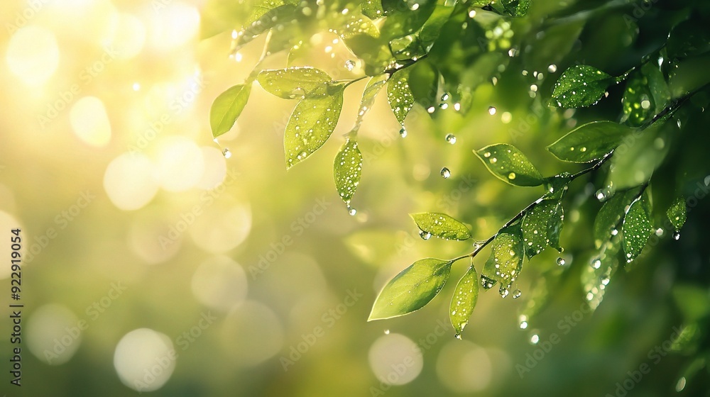 Obraz premium Sunlight Through Dew-Kissed Leaves: A captivating image of glistening raindrops adorning vibrant green leaves, bathed in the warm glow of the sun, creating a serene and tranquil atmosphere. 