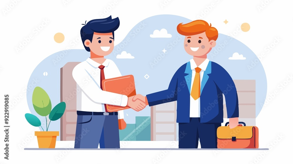 Shaking hands on a successful future together. This scene showcases the optimism and enthusiasm shared between the manager and new employee. Shaking hands on a successful future together. This scene showcases the optimism and enthusiasm shared between the manager and new employee.