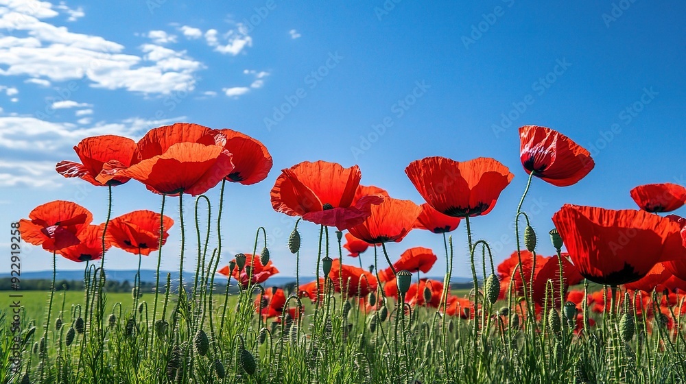 Fototapeta premium Poppy Field Bliss: A vibrant field of red poppies swaying in the gentle breeze, bathed in the warm glow of a summer sky.