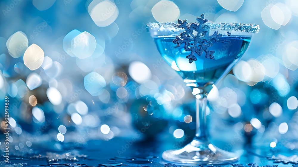 Alcoholic cocktail with blue gin decorated with a snowflake on a blue background with bokeh Alcoholic cocktail with blue gin decorated with a snowflake on a blue background with bokeh