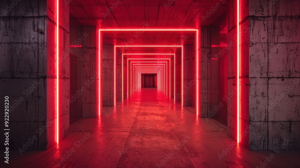 Fototapeta premium Produce a visual of a modern concrete corridor lit by red neon lights, showcasing a contemporary aesthetic
