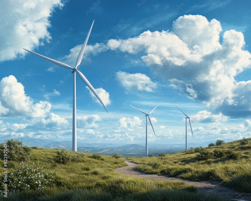 Scenic view of wind turbines in a lush landscape under a blue sky adorned with fluffy clouds, symbolizing renewable energy. Scenic view of wind turbines in a lush landscape under a blue sky adorned with fluffy clouds, symbolizing renewable energy.
