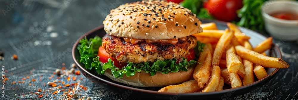 A Plate of Separated French fries and a chicken sandwich. Generative Ai A Plate of Separated French fries and a chicken sandwich. Generative Ai