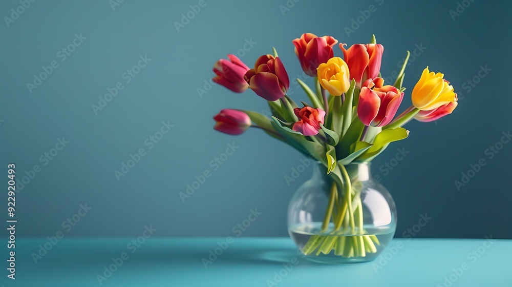 Beautiful and colorful tulips in a glass vase on blue background Beautiful and colorful tulips in a glass vase on blue background