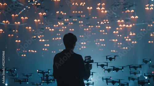 A person stands captivated by a stunning aerial drone light show inside a large venue