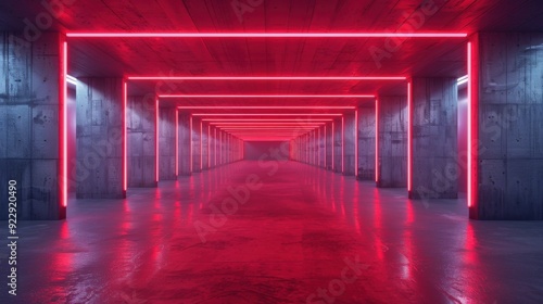 Create an image of red neon lights illuminating a modern concrete corridor, sleek and futuristic ambiance