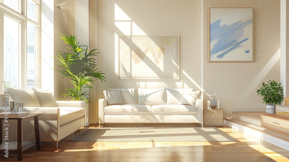 Fototapeta premium Sunlight Streaming Through Windows In Minimalist Living Room