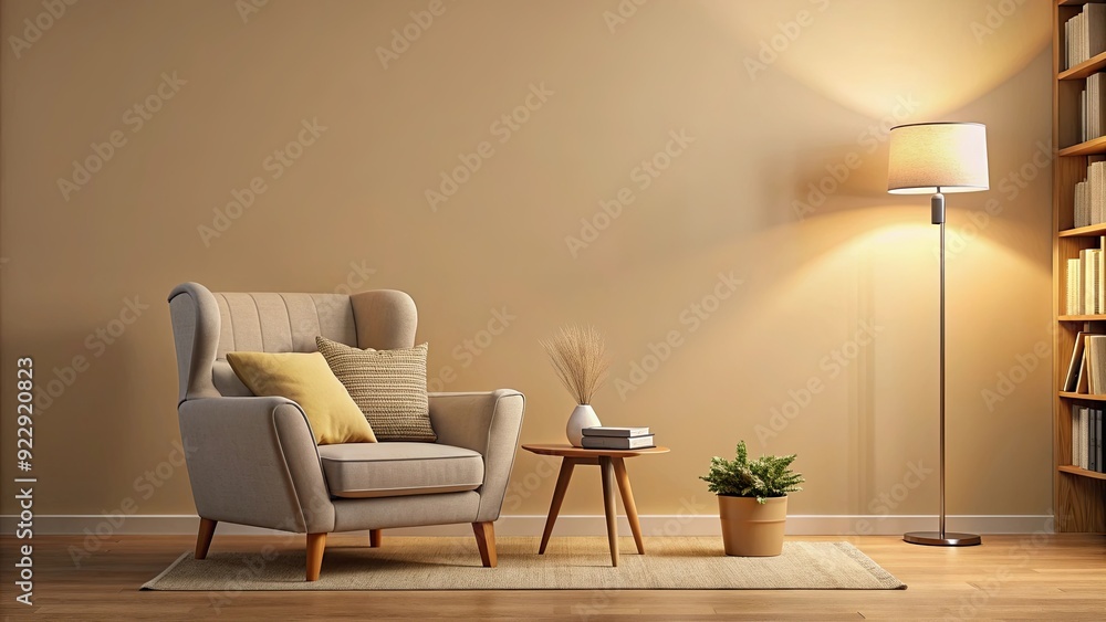 Cozy reading nook with armchair, books, and lamp on warm beige background, reading nook, cozy, armchair, books Cozy reading nook with armchair, books, and lamp on warm beige background, reading nook, cozy, armchair, books