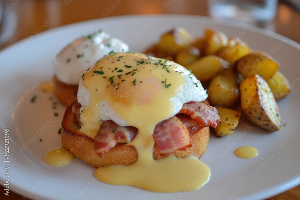 Indulgent brunch plate featuring poached eggs, crispy bacon, and golden roasted potatoes at a cozy café on a sunny morning. Generative AI Indulgent brunch plate featuring poached eggs, crispy bacon, and golden roasted potatoes at a cozy café on a sunny morning. Generative AI