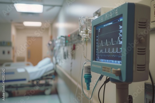 Monitoring vital signs in a hospital room at early morning with medical equipment and a patient bed awaiting attention. Generative AI