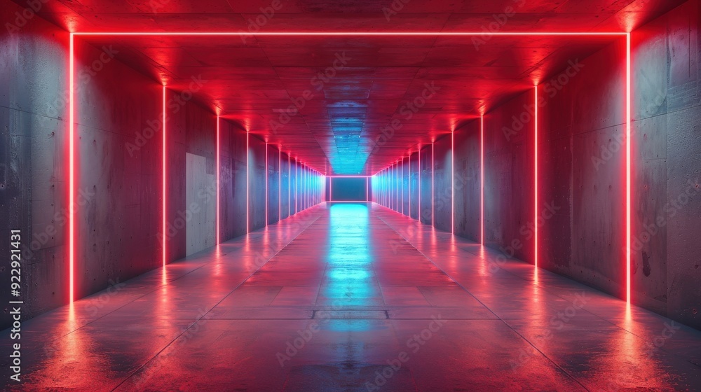 Craft an image of a modern concrete corridor bathed in the glow of red neon lights, showcasing a stylish design Craft an image of a modern concrete corridor bathed in the glow of red neon lights, showcasing a stylish design
