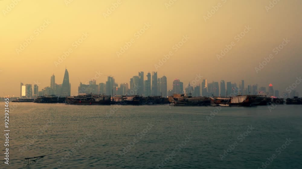 Doha, Qatar - Urban Skyline and traditional boats by sunset Doha, Qatar - Urban Skyline and traditional boats by sunset